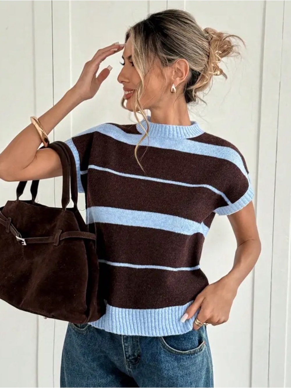 Striped Short-Sleeve Crewneck Sweater - Brown & Light Blue - Picture 6 of 7